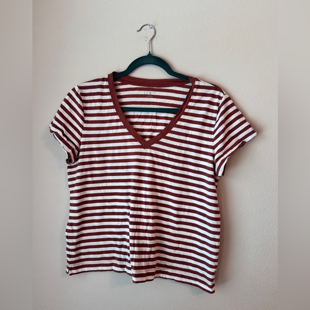LOFT Red and White Striped V-Neck Tee